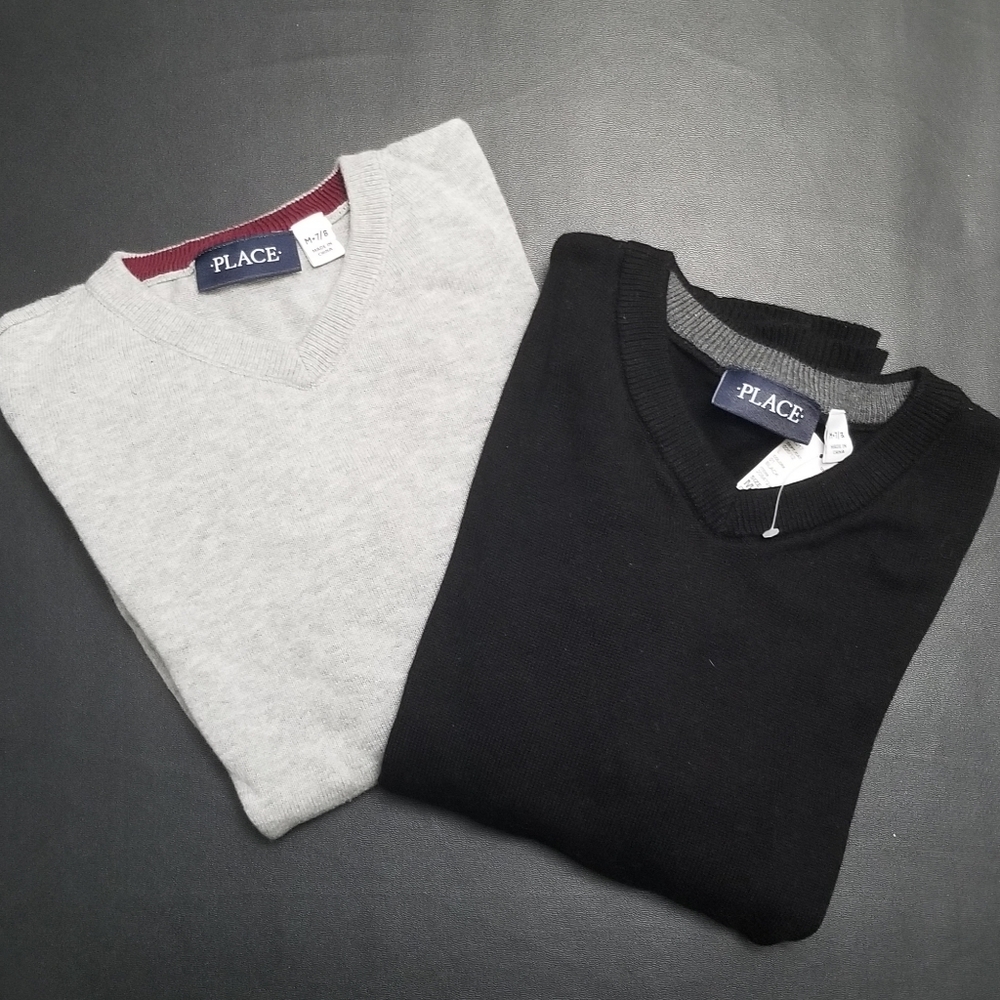 SOLD!! Children's Place Boys Sweaters Size 7/8 Black Gray Cotton V-neck Pullover